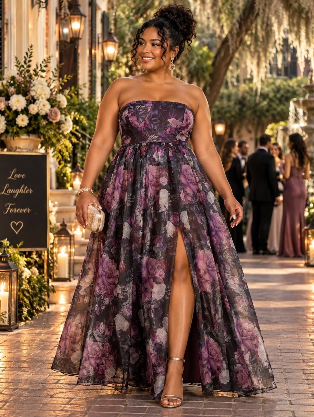 NWOT Lulus Purple Floral Print Strapless Bustier Maxi Dress Size XL=14